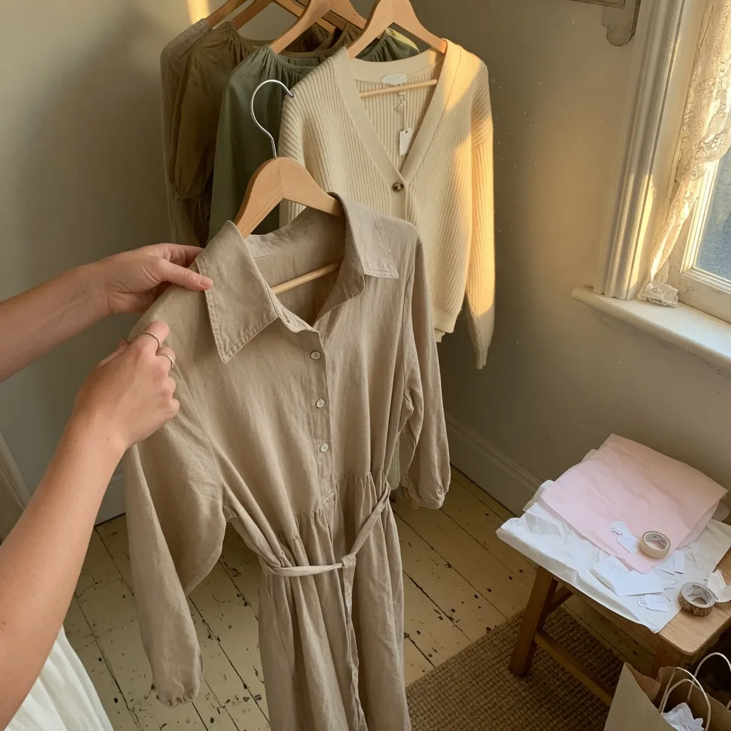 Concept photograph of hands holding a linen dress in a small boutique