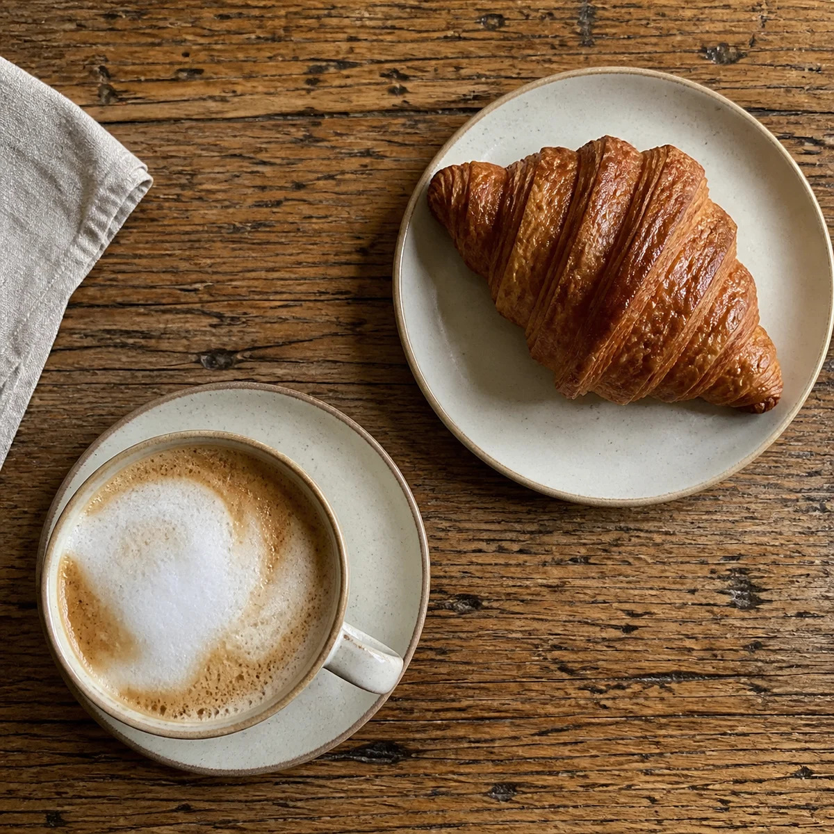 Concept photograph of a cappuccino and croissant on a café table