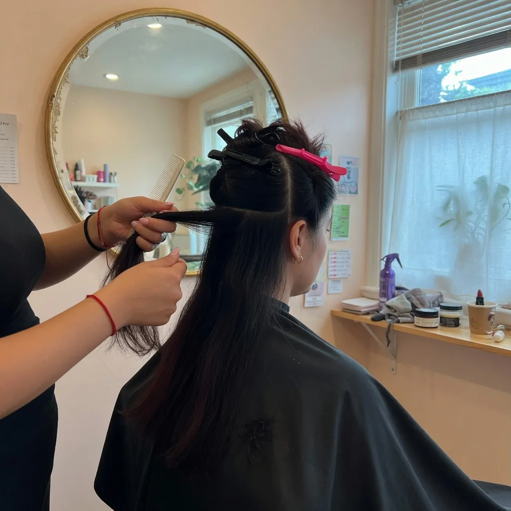 Concept photograph of a stylist sectioning a client’s hair in a small salon